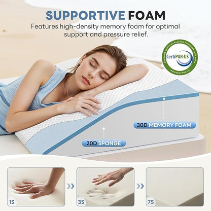 Wedge Pillow for Back Pain Relief, Acid Reflux Pillow, Memory Foam Sleep Apnea Pillows for Sleeping Versatile Triangle Pillow Wedge for Bedroom Living Room, 7Inch, White and Grey