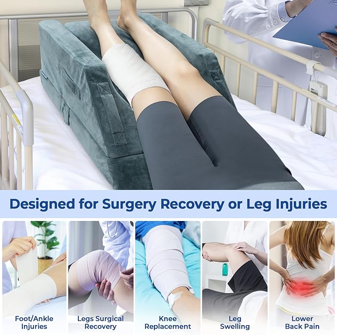 KingPavonini 4 Height-Adjustable Leg Elevation Pillows for After Surgery with Ergonomic Curve, Memory Foam Leg Support Pillow for Legs, Back Pain Relief, Wedge Pillow for Sleeping, Rest (Double Leg)