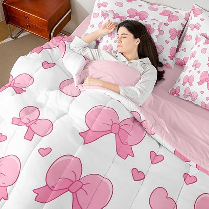 Feelyou Pink Bowknot 7 Piece Bedding Set Cartoon Bow Comforter Set with Sheets for Kids Boys Girls Cute Love Heart Bed in a Bag White Pink Bed Set Soft Lightweight