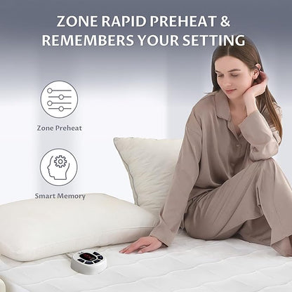 Queen Size Electric Heated Mattress Pad - Multi Zone Bed Warmer with Memory & Preheat Functions, 10 Heat Settings Dual Control for 1-12 Hours Auto Off, Lighted Button