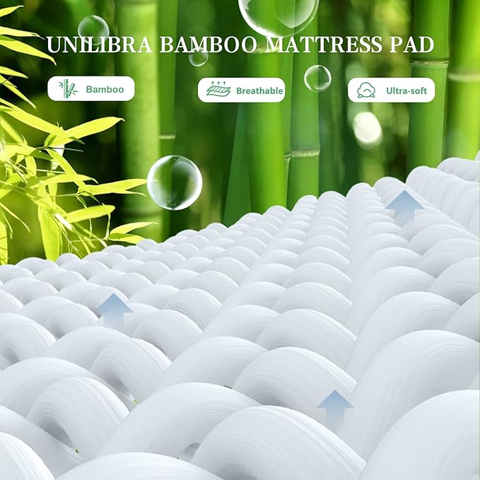 UNILIBRA King Size Mattress Pad Cooling Rayon from Bamboo, Quilted Fitted Mattress Protector Pillow Top Mattress Cover with Deep Pocket Up to 21 Inches, Ultra Soft Filling Mattress Topper