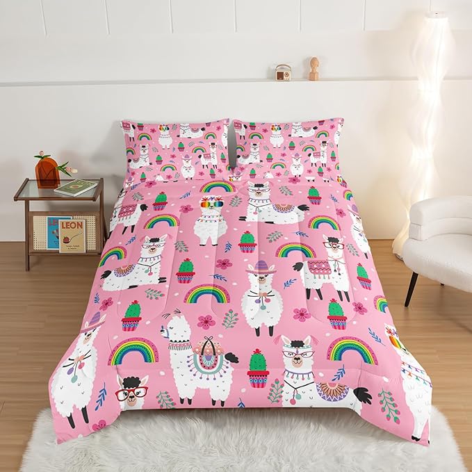 HOSIMA Kids Girls Pink Comforter with 2 Pillowcases,Cute Llama Alpaca Full Size Bed in a Bag Animal Bedding Sets for Room Decor,Rainbow Cactus Flower Toddler Comforter Kawaii Bedding.
