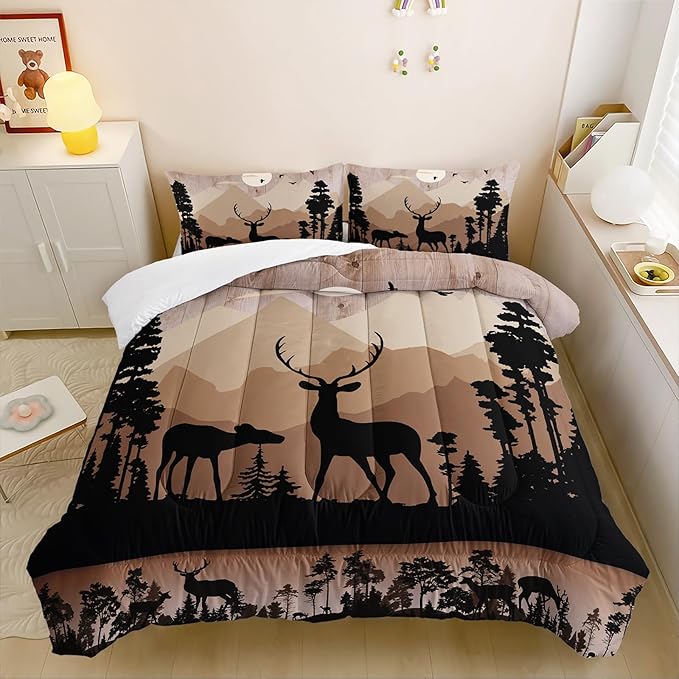Cute Deer Comforter Set for Kids Boys Girls Child, Deer Tree Print Comforter Set Twin Size, 3 Pieces Lightweight Vintage Brown Elk Comforter with 2 Pillow Shams for All Seasons