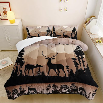 Cute Deer Comforter Set for Kids Boys Girls Child, Deer Tree Print Comforter Set Twin Size, 3 Pieces Lightweight Vintage Brown Elk Comforter with 2 Pillow Shams for All Seasons