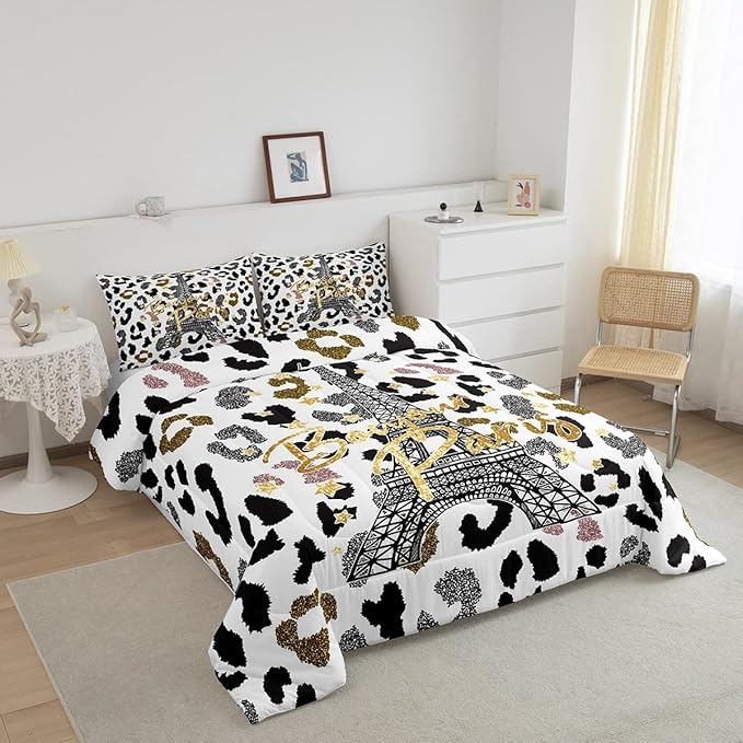 Feelyou Eiffel Tower Comforter Set Leopard Print Bedding Set for Kids Boys Girls Paris Tower Comforter Cheetah Print Quilt Set 1 Comforter Set with 2 Pillowcases Queen Size