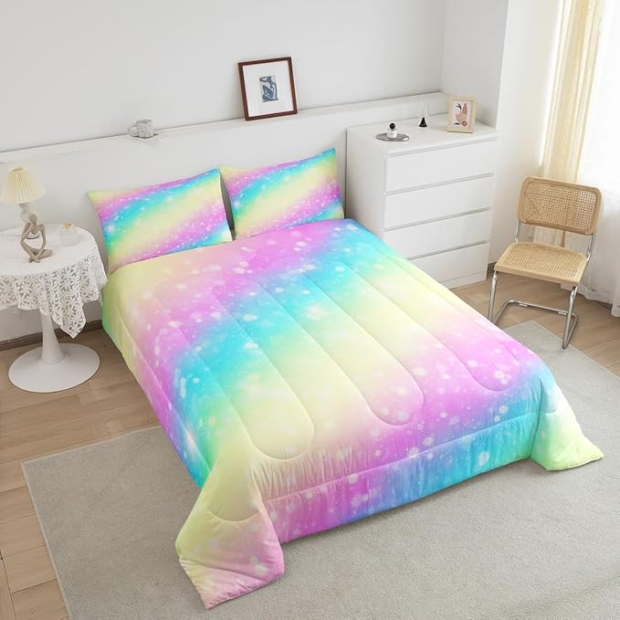 Feelyou Rainbow Comforter Set King, Tie Dye Pastel Bedding Set Stars Glitter Comforter for Kids Colorful Stripes Duvet Set with 2 Pillow Case