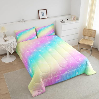 Feelyou Rainbow Comforter Set King, Tie Dye Pastel Bedding Set Stars Glitter Comforter for Kids Colorful Stripes Duvet Set with 2 Pillow Case