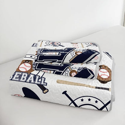 QOOMO Baseball Quilt Set Full/Queen Size,Sports Bedspread Coverlet Set,Sports Games 3Pcs Bedding Set Printed Quilt with 2 Pillowcases,Soft and Lightweight,for All Seasons