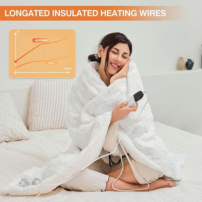 Electric Blanket Dual Control, Heated Blanket Flannel with 6 Heat Levels, 10 Time Settings, Soft Thicken Heating Blanket with ETL Certification (White, 90"X100")