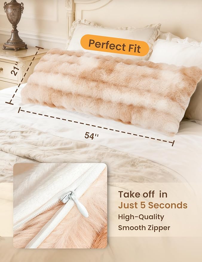 ZonLi Fluffy Faux Rabbit Fur Light Tan Body Pillow, Side Sleep Body Pillow with Washable Cover, Adjustable Memory Foam Fill，20x54 Long Pillow for Adults Girls & Kids
