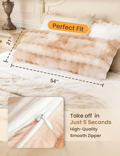 ZonLi Fluffy Faux Rabbit Fur Light Tan Body Pillow, Side Sleep Body Pillow with Washable Cover, Adjustable Memory Foam Fill，20x54 Long Pillow for Adults Girls & Kids
