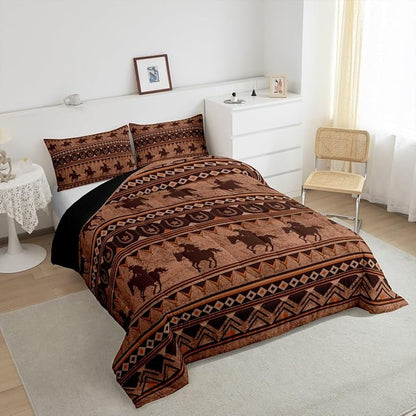Feelyou Western Decor Comforter Set Toddler Size Horse Comforter Southwestern Native Aztec Bedding Set Retro Exotic Boho Duvet Set Room Decor Rustic Brown Quilt Set