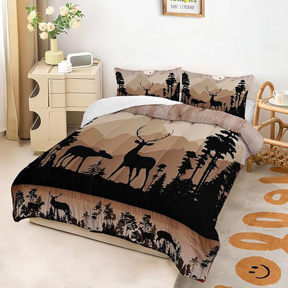 Cute Deer Comforter Set for Kids Boys Girls Child, Deer Tree Print Comforter Set Queen Size, 3 Pieces Lightweight Vintage Brown Elk Lovers Comforter with 2 Pillow Shams for All Seasons