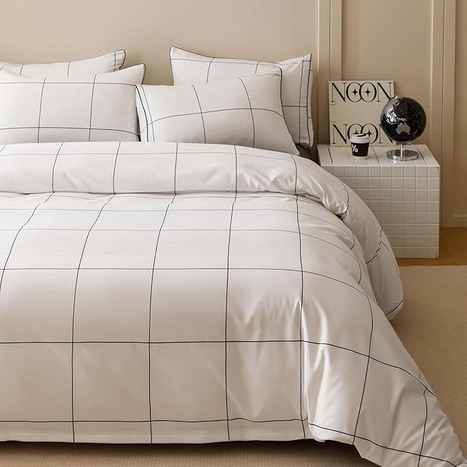 Wellboo White Plaid Comforter Sets King Black White Grid Checkered Bedding Comforters Cotton White and Black Buffalo Check Grid Quilts for Women Men Soft Modern Big Plaid Geometric Gingham Bed