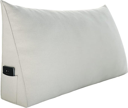 Johnear Triangular Headboard Pillow Daybed Wedge Pillow Cotton Linen Large Bolster Reading Back Rest Pillow for Sofa Bed Support Bolster Upholstered Backrest Positioning Lumbar Cushion （Ivory, King）