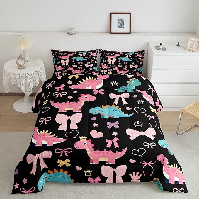 Cute Dino Kids Comforter Set Queen Size,Kawaii Bowknot Heart Princess Style Reversible Bedding Set for Adult,Pink Black Dinosaur Cartoon Animal Luxury Bed Duvet Insert,2 Pillowcases