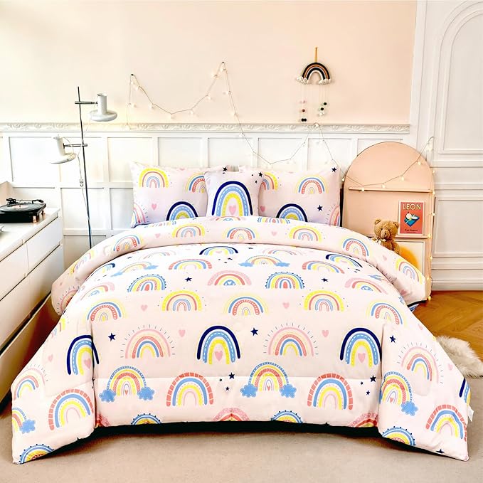 ANGIYUIN 6 Pieces Beige Rainbow Girls Full Size Comforter Set Cartoon Love Hearts Stars Bedding Set for Kids Girls Cute Soft Lightweight Bed in A Bag with Rainbow Comforter, Sheets, Pillowcases