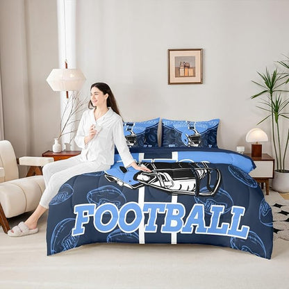 Feelyou Football Comforter Set with Sheets 7 Piece Full Size Ball Games Bedding Set for Kids Boys Girls Rugby Bed in a Bag City of Footballs Room Decor Rugby Sports Soft Lightweight