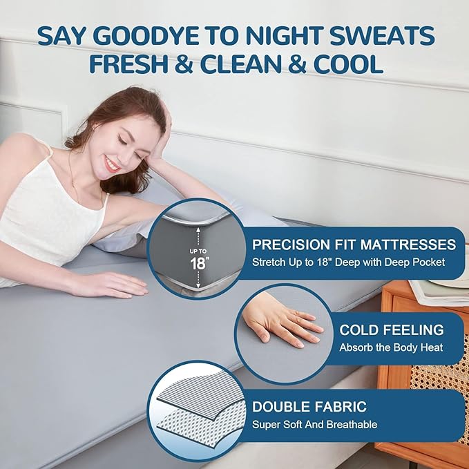 Ailemei Direct Cooling Thin Mattress Pad, California King Size Mattress Topper for Hot Sleepers, with a Deep Pocket Fits 16" Mattresses,Cool Fitted Sheets for Bed,Summer Cooling System,Gray,72"x84"