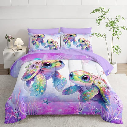 Sea Turtle Bedding Twin Comforter Set 7 Piece,Coastal Beach Themed Bed Set for Kids Girls Room Decor,Cute Bedding with 1 Comforter,1 Flat Sheet,1 Fitted Sheet,4 Pillowcases.
