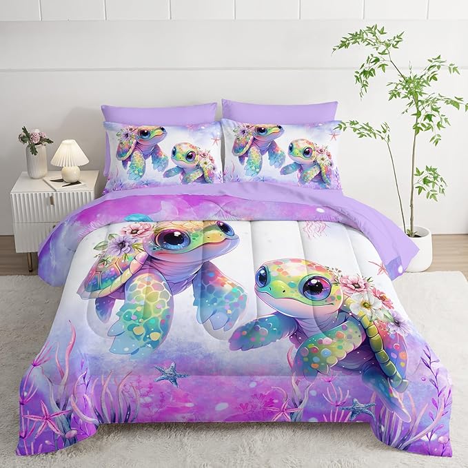 Sea Turtle Bedding Queen Comforter Set 7 Piece,Coastal Beach Themed Bed Set for Kids Girls Room Decor,Cute Bedding with 1 Comforter,1 Flat Sheet,1 Fitted Sheet,4 Pillowcases.