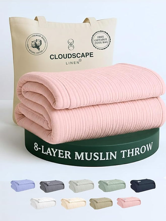 Cloud Scape Linen Extra Large 8 Layer Muslin Throw Blanket - 100% Cotton Gauze, Soft and Breathable, Winter Blanket for Couch, Sofa and Bed, Idea, 50x70, Seashell Pink