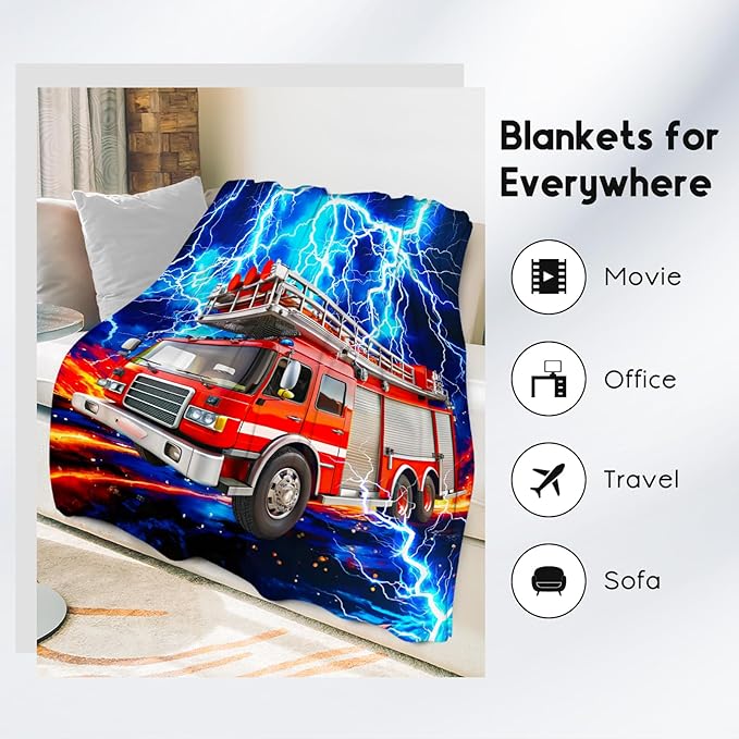 Boys Blanket for Kids, Fire Truck Blanket for Boys, Car Gifts with Lightning, Warm Fleece Throw for Couch Sofa, 50"x60"