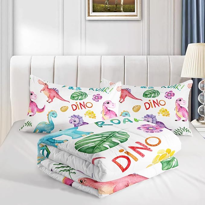 Cartoon Dinosaur Comforter Set Queen 3Pc Kawaii Dinosaur Bedding Set All Season with Tree, Leaf Decoration Includes 1 Comforter, 2 Pillowcases for Kids Girls Teens