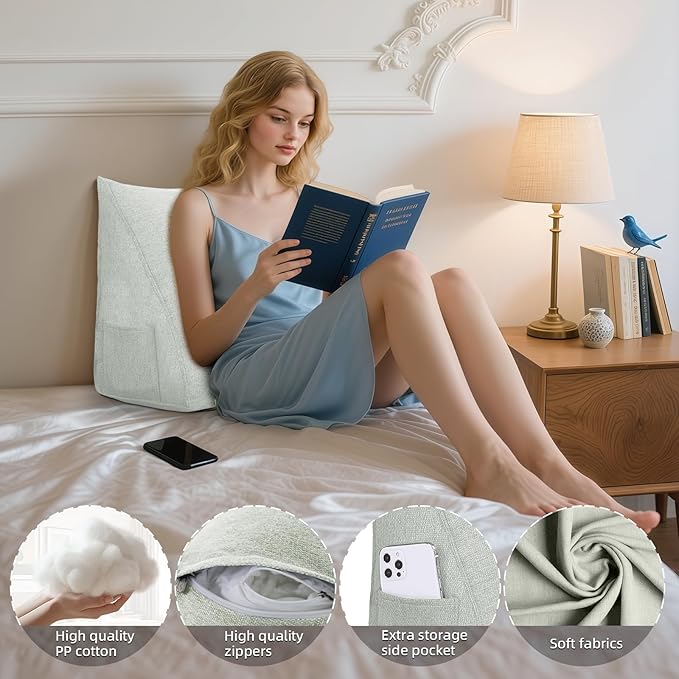 Wedge Headboard Reading Pillow for Bed Linen Triangular Backrest Bolster Pillow for Sitting Up Daybed Cushion Lumbar Body Support Positioning for Headboard, Couch, Dorm, Ivory-White