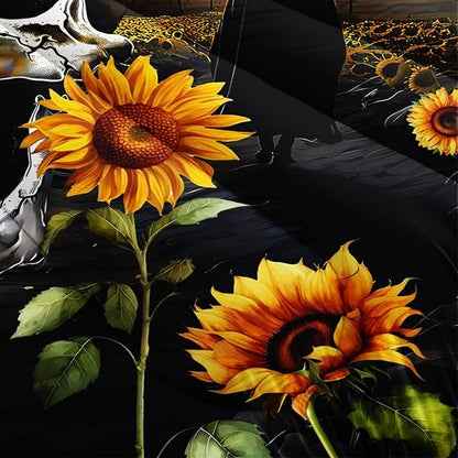 Skull Comforter Set for Gothic Decor Bedroom,Sunflower Floral Bat Print Bedding Queen Size Comforter Set for Kids Boys Girls,Dark Night Halloween Horror Bedding Set with 2 Pillowcases.