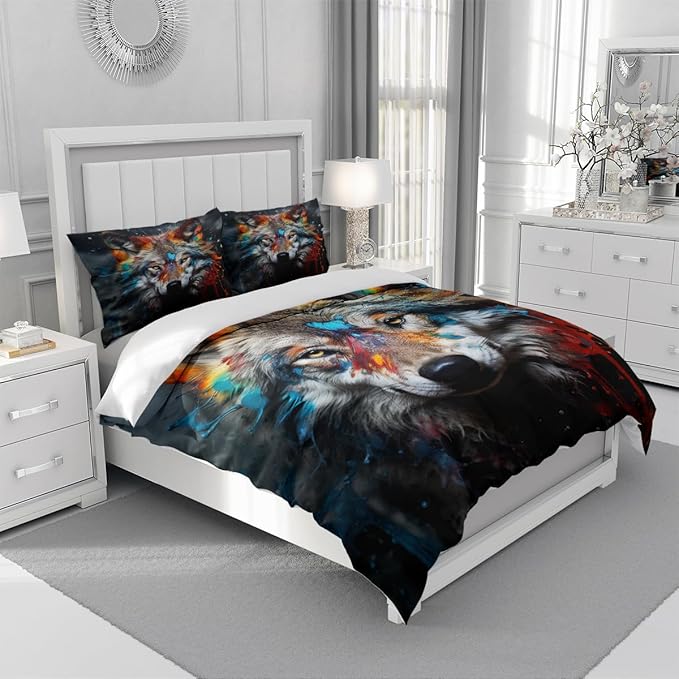 Colorful Wolf Bed Duvet Cover Sets King Size with 2 Pillowcases for Kids Boys Teens Adult Bedroom Decor, Animal Petal Country Bedding Decor