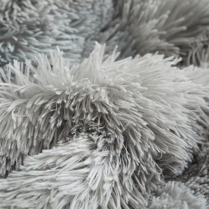 Wajade Faux Fur Plush Tie Dye Grey White Comforter Set Fluffy Fuzzy Shaggy Bedding Set - 3PC Full/Queen Microfiber Soft Warm Quilt Set