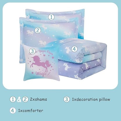 Kids Comforter Set Full Size for Girls, Glow in The Dark Unicorn Bedding Set 1 Comforter, 1 Decor Pillow, 2 Pillow Shams