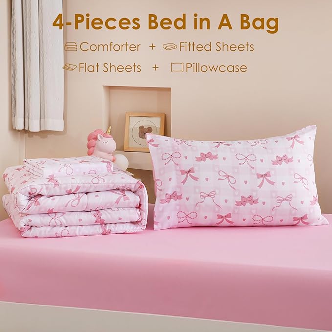 Twin Comforter Set for Kids, Boys, Girls, 4 Pieces Bed-in-a-Bag Bedding Set, All Season Ultra Soft Sheets Set with Comforter, Pink Bow