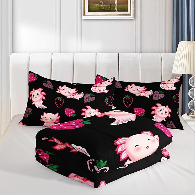Cute Axolotl Bedding Set Full Size,Pink Axolotl Strawberry Printed Comforter Sets Aesthetic Bedding for Kids Girls,Beach Coastal Animal Themed Comforter Sets with 2 Pillowcases.