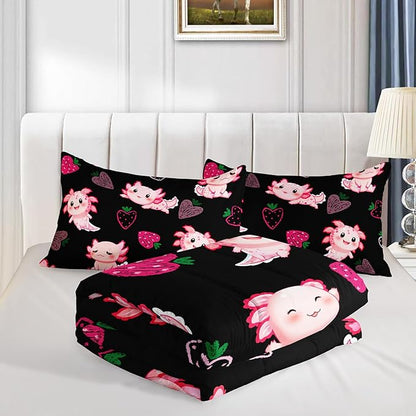Cute Axolotl Bedding Set Full Size,Pink Axolotl Strawberry Printed Comforter Sets Aesthetic Bedding for Kids Girls,Beach Coastal Animal Themed Comforter Sets with 2 Pillowcases.