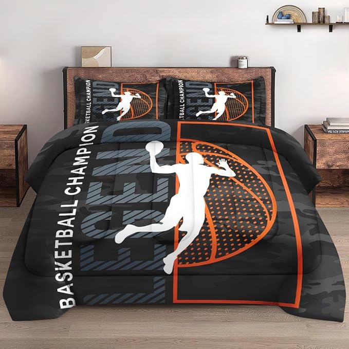 Twin Size Comforter Set with Pillowcase, Basketball Sport Soft 2 Pcs Bedding for Kids and Adults, Bed Decor Urban Comforter Set for Room Bedroom