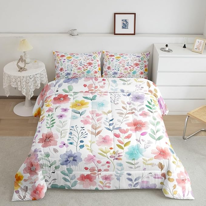 Erosebridal Cute Floral King Comforter Set,Red Purple Flower Bedding Set for Kids Girls Women,Colorful Boho Wildflower Quilt,Country Cottage Core Flowers Bedroom Decor,2 Pillowcases Breathable