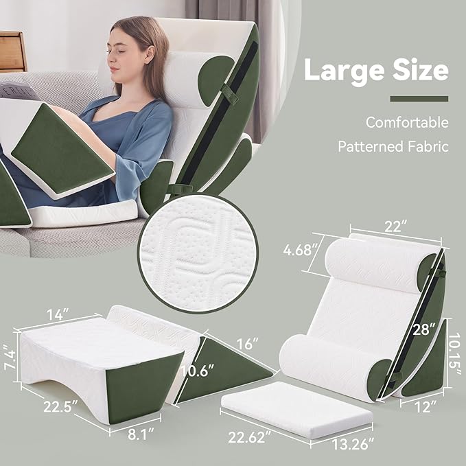 Wedge Pillow Set for After Surgery, 7 PCS Bed Wedge Pillow for Sleeping, Memory Foam Orthopedic Back Pillow for Pain Relief and Acid Reflux, Adjustable Post Surgery Pillow Green