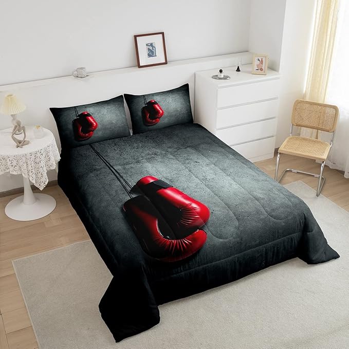 Feelyou Boxing Bedding Set Sports Theme Comforter Set for Kids Boys Girls Men Red Boxing Gloves Pattern Comforter Pugilism Games Design Quilt Set with 2 Pillowcases 3Pcs Bedding Queen