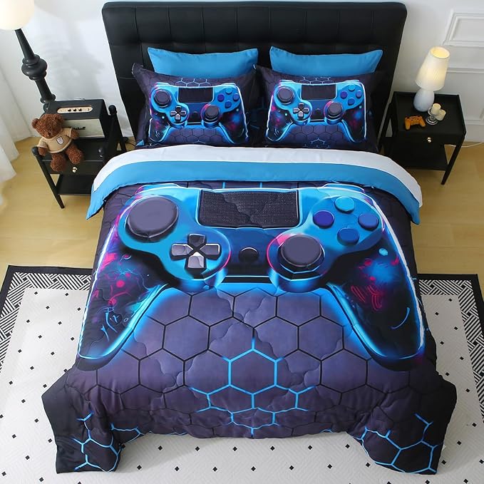 Wajade Game Console Comforter Set for Boys 7 Piece Blue 3D Gaming Geometric Bedding Sets for Kids Twin Size as Birthday with Comforter, Sheet Set, Pillowcase and Sham