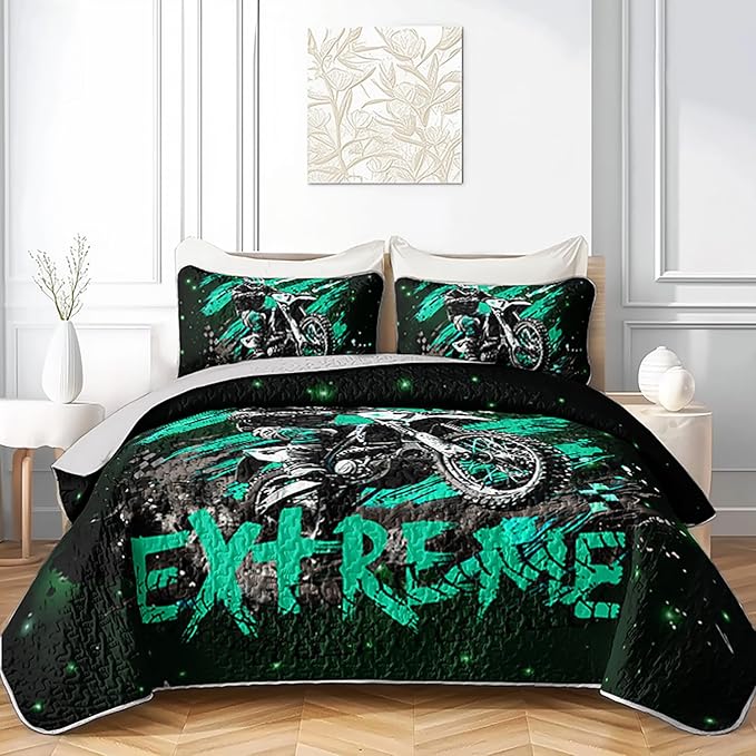 Motocross Dirt Bike Quilts Bedding King 3Pcs Motorcycle Racer Pattern Quilt Bed Set Extreme Sport Lightweight Soft Bedspreads Coverlet with 2 Pillowcases for Kid Boy Girl Teen Adult Room Decor