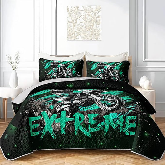 Motocross Dirt Bike Quilts Bedding King 3Pcs Motorcycle Racer Pattern Quilt Bed Set Extreme Sport Lightweight Soft Bedspreads Coverlet with 2 Pillowcases for Kid Boy Girl Teen Adult Room Decor