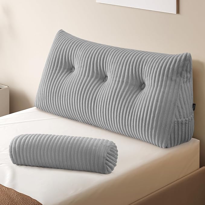 Z-hom Large Wedge Pillow Headboard, Twin Triangular Headboard Pillow, Reading Pillow Bed with a Roll Pillow for Bed Sitting Up Sleeping, Backrest Cushion Headboard Gap Pillow for Back, Light Gray