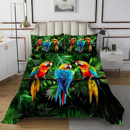 Erosebridal Parrot Bedspread Watercolor Animal Feather Bedding Set Palm Leaf Coverlet Set, Tropical Plant Birds Comfortable Quilted with Pillowcase Twin Size