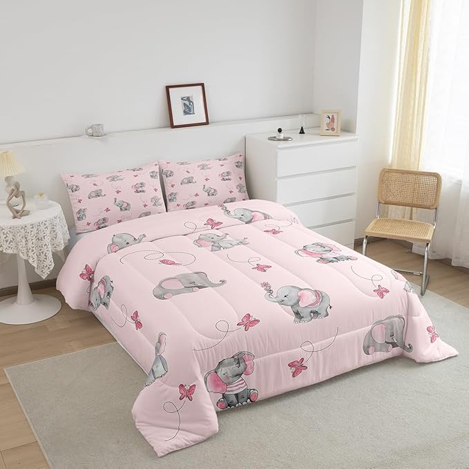 Cute Elephant Kids Comforter Set Queen Size,Pink Butterfly Cartoon Wildlife Reversible Bedding Set for Adult,Watercolor Grey Animal Kawaii Luxury Bed Duvet Insert,2 Pillowcases