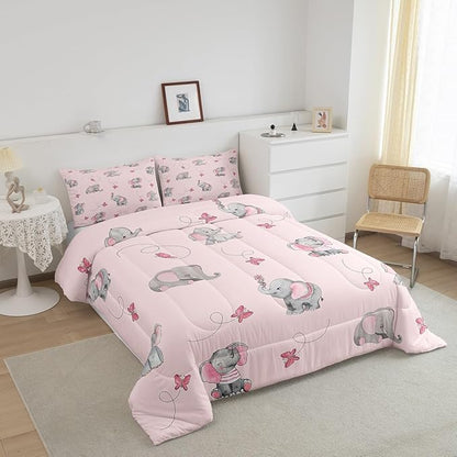 Cute Elephant Kids Comforter Set King Size,Pink Butterfly Cartoon Wildlife Reversible Bedding Set All Season Quilt,Watercolor Grey Animal Kawaii Microfiber Polyester Down Comforter