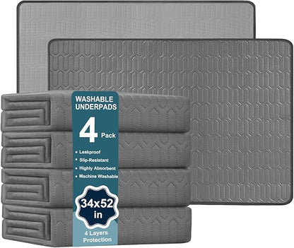 Washable Underpads, 34x52 Inch reusable bed underpads - Heavy Duty Incontinence Bed Pads for Adults, Kids, Elderly, and Dogs, Gray Mattress Pad for Bedwetting