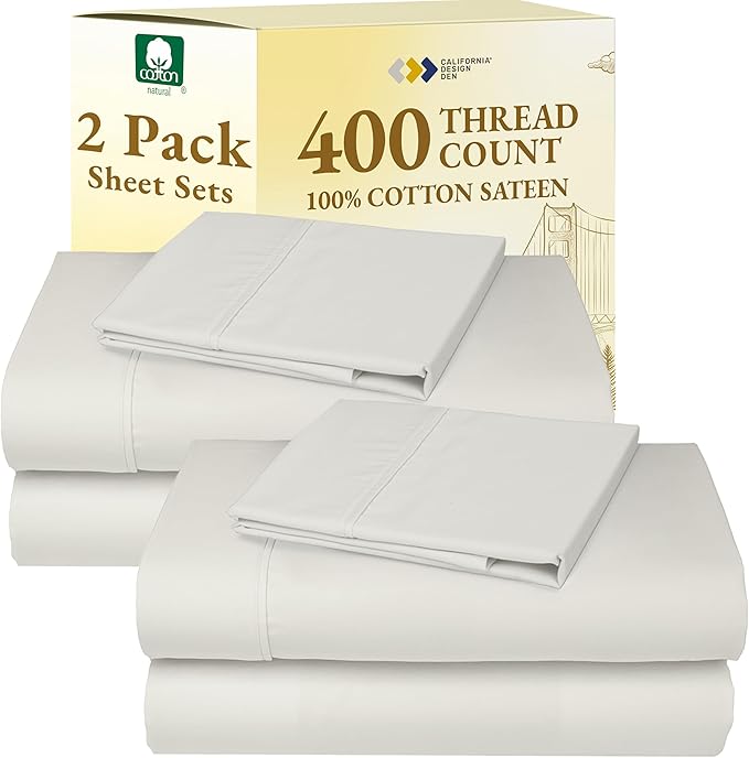 California Design Den 2-Pack Cotton Twin Sheet Sets - 400 Thread Count 100% Cotton Sateen - Soft and Breathable Sheets, 2 Sets of Deep Pocket Bed Sheets - Ivory (Pale Tone)
