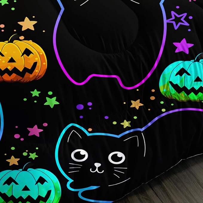 Cute Pet Cat Comforter Queen Bedding Sets,Halloween Pumpkin Lantern Stars Pattern Comforter Sets for Toddler Kids Room Decor,Colorful Neon Lights 3Pcs Bed Set with 2 Pillowcases.